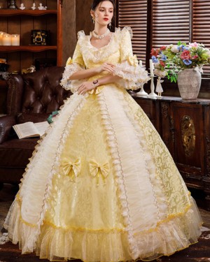 Victorian Style Ruched Lace Costume Dress with Long Sleeves & Bows VD071
