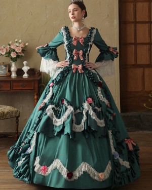 Dark Green Victorian Rococo Costume Dress with Lace Applique VD072