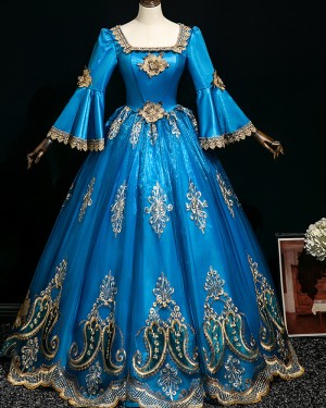 Victorian Blue Applique Court Costume Dress with Long Sleeves VD074