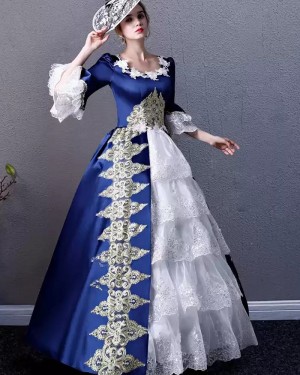 Blue and White Victorian Historical Layered Skirt Costume Dress with Long Sleeves VD075