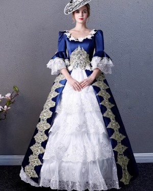 Blue and White Victorian Historical Layered Skirt Costume Dress with Long Sleeves VD075