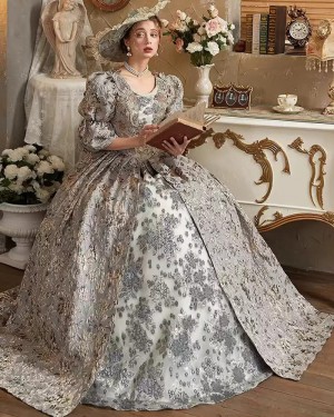 Brocade Floral Victorian Rococo Costume Dress with Half Length Sleeves VD076