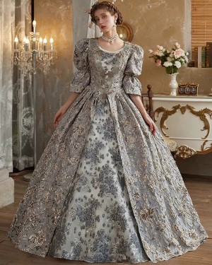 Brocade Floral Victorian Rococo Costume Dress with Half Length Sleeves VD076