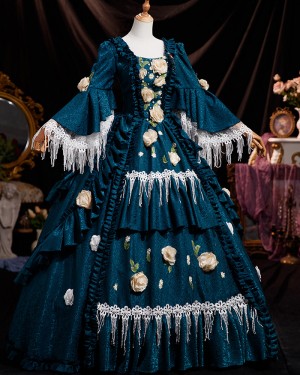 Teal Ruched 3D Flower Applique Victorian Rococo Costume Dress with Bat Sleeves VD078