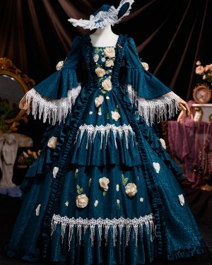 Teal Ruched 3D Flower Applique Victorian Rococo Costume Dress with Bat Sleeves VD078
