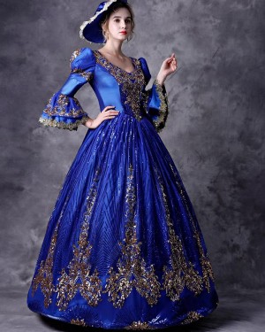 V-neck Victorian Blue Pleated Sequin Applique Costume Dress with Long Sleeves VD080