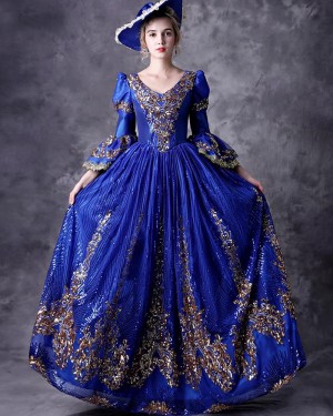 V-neck Victorian Blue Pleated Sequin Applique Costume Dress with Long Sleeves VD080