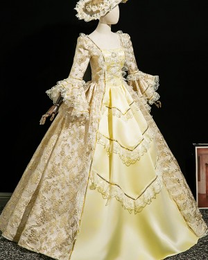 Square Neckline Lace Champagne Victorian Rococo Costume Dress with Long Sleeves VD082