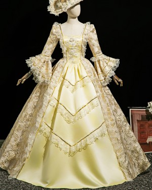 Square Neckline Lace Champagne Victorian Rococo Costume Dress with Long Sleeves VD082