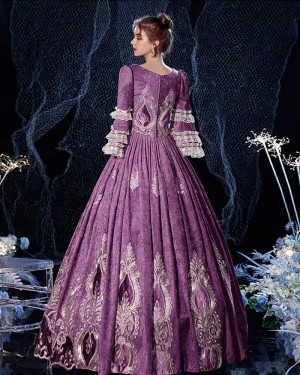 V-neck Purple Pleated Lace Applique Victorian Costume Dress with Long Sleeves VD083