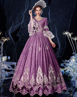 V-neck Purple Pleated Lace Applique Victorian Costume Dress with Long Sleeves VD083
