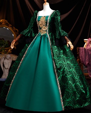 Green Applique Brocade Victorian Costume Dress with Long Sleeves VD084