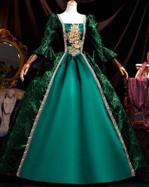 Green Applique Brocade Victorian Costume Dress with Long Sleeves VD084