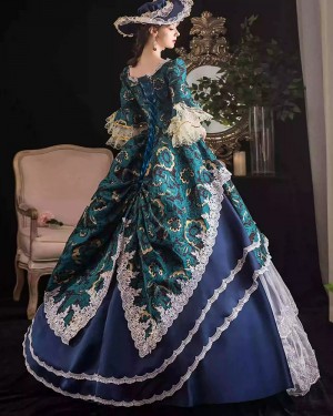 Green Brocade Layered Skirt Victorian Costume Dress with Half Length Sleeves VD086