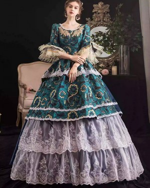 Green Brocade Layered Skirt Victorian Costume Dress with Half Length Sleeves VD086