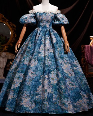 Off the Shoulder Victorian Floral Print Historical Costume Dress with Puff Sleeves VD087