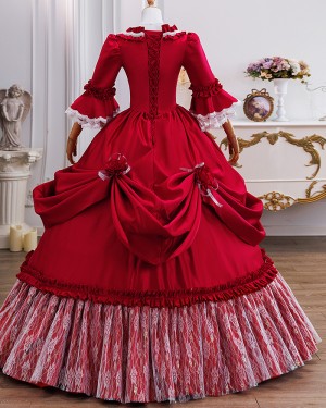Red Victorian Rococo Ruched Costume Dress with Half Length Sleeves VD088