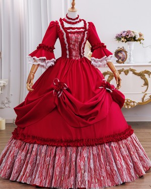 Red Victorian Rococo Ruched Costume Dress with Half Length Sleeves VD088