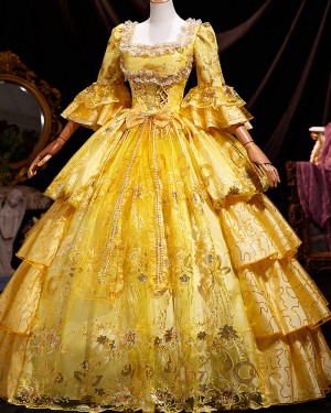 Yellow Sequin Applique Victorian Rococo Costume Dress with Sleeves VD089
