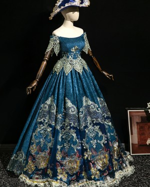 Off the Shoulder Applique Victorian Court Costume Dress with Short Sleeves VD090