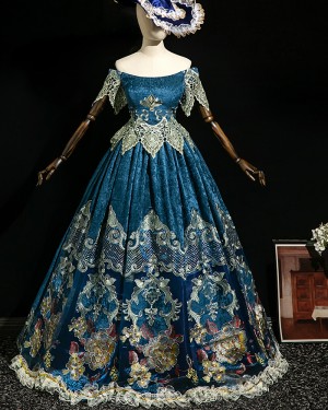Off the Shoulder Applique Victorian Court Costume Dress with Short Sleeves VD090