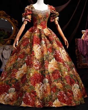 Floral Print Victorian Costume Dress with Puff Sleeves VD091