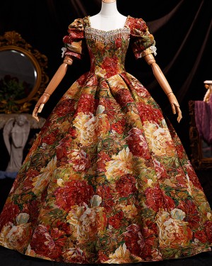 Floral Print Victorian Costume Dress with Puff Sleeves VD091