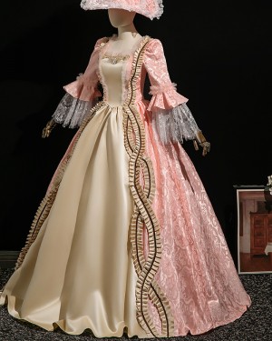 Pink Victorian Ruffle Brocade Costume Dress with Long Sleeves VD092