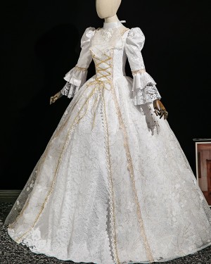 White Lace Victorian Court Costume Dress with Puff Sleeves VD093