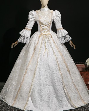 White Lace Victorian Court Costume Dress with Puff Sleeves VD093