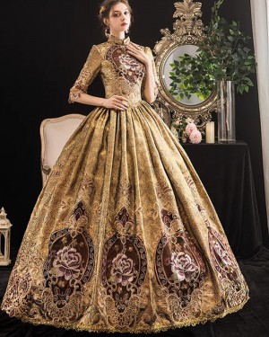 High Neck Brocade Floral Pleated Ball Gown with Half Length Sleeves VD094
