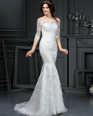 Appliqued Mermaid Style Off the Shoulder Wedding Dress with Half Length Sleeves WD2001