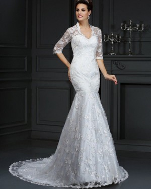 Lace Appliqued Ivory Queen Anne Mermaid Wedding Dress with Half Length Sleeves WD2003