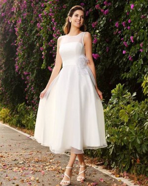 Tea Length Simple Jewel Ivory Tulle Wedding Dress with Sash WD2005