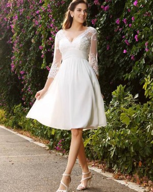 Appliqued Chiffon Short V-neck Knee Length Empire Wedding Dress with 3/4 Length Sleeves WD2006