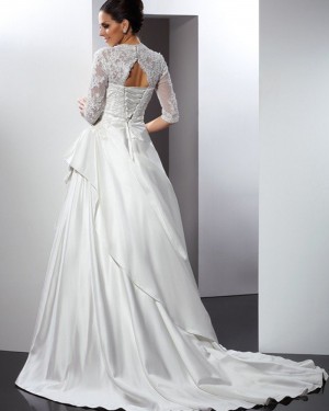 Lace Bodice Ruffled Queen Anne Satin Wedding Gown with Half Length Sleeves WD2007