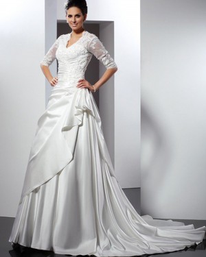 Lace Bodice Ruffled Queen Anne Satin Wedding Gown with Half Length Sleeves WD2007