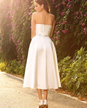 Tea Length Simple Strapless Ivory Ruched Short Wedding Dress with Beading Sash WD2011