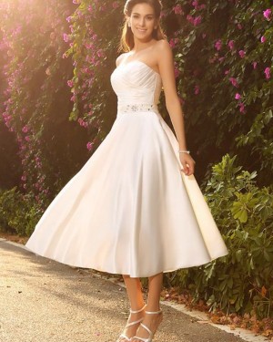 Tea Length Simple Strapless Ivory Ruched Short Wedding Dress with Beading Sash WD2011