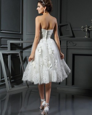 Lace Appliqued Short Sweetheart Ruched Wedding Dress with 3D Flowers WD2014