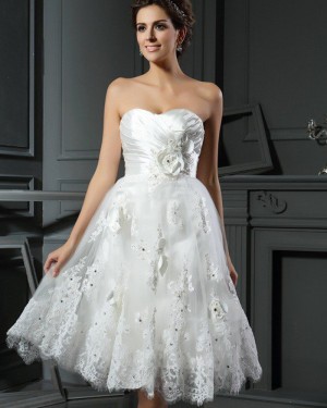 Lace Appliqued Short Sweetheart Ruched Wedding Dress with 3D Flowers WD2014