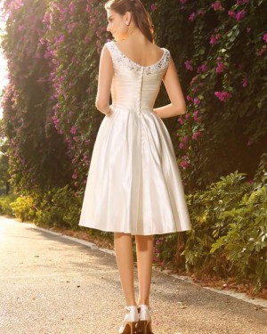 Ivory Knee Length V-neck Beading Ruched Satin Short Wedding Dress WD2016