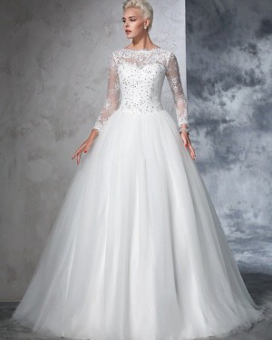 Appliqued Pleated Jewel Beading White Wedding Gown with Long Sleeves WD2021