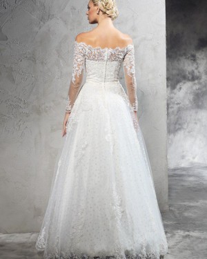 Lace Appliqued Polka Dot Off the Shoulder Wedding Dress with Long Sleeves WD2022