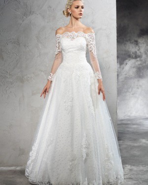 Lace Appliqued Polka Dot Off the Shoulder Wedding Dress with Long Sleeves WD2022