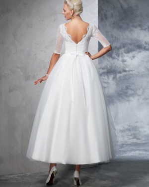 Princess Ankle Length Lace Bodice Sheer Neck Wedding Dress with Half Length Sleeves WD2025