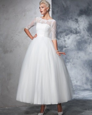 Princess Ankle Length Lace Bodice Sheer Neck Wedding Dress with Half Length Sleeves WD2025