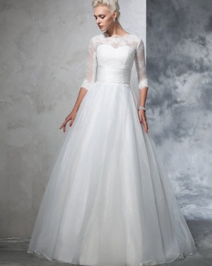 White Ruched A-line High Neck Lace Bodice Tulle Wedding Dress with Half Length Sleeves WD2026