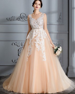 Tulle Jewel Appliqued Champagne Wedding Dress with Belt WD2027