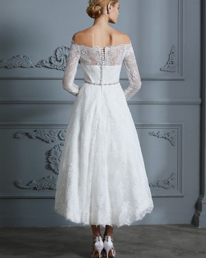 High Low Ivory Off the Shoulder Lace Wedding Dress with Long Sleeves WD2030